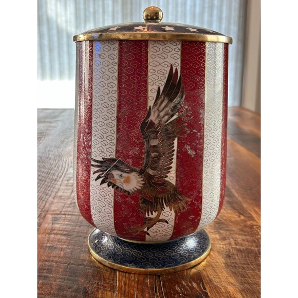 Patriotic Cloisonné  Striped Metal Eagle Adult Urn With Lid - Picture 2 of 12